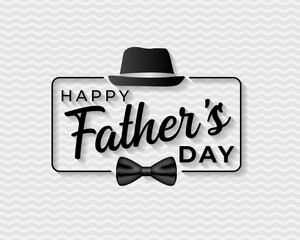 Wall Mural - Happy Fathers Day greeting. Vector background with doodle hat, mustache and bow tie. white lettering in black background