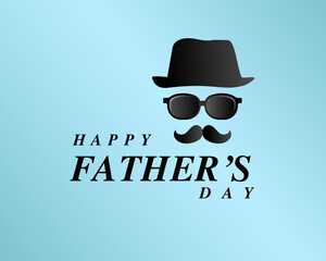 Wall Mural - black white typographic Happy Fathers Day greeting in blue background. with doodle hat glasses and mustache