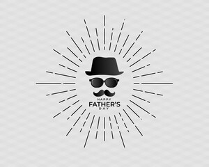 Wall Mural - black white typographic Happy Fathers Day greeting. doodle hat. glasses and mustache isolated linear sunrays flat vector design