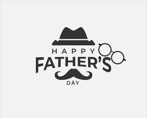 Wall Mural - black white typographic Happy Fathers Day greeting. Vector background with doodle hat glasses and mustache