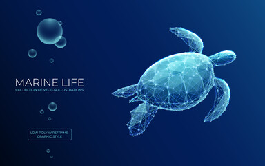 Abstract swimming sea turtle in polygons on technology blue background. Low poly wire frame marine life concept. Polygonal 3D vector illustration.