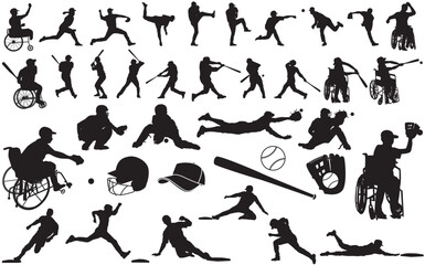 Set of 37 male baseball players with and without disability. Cutout solid icons. Men baseball player silhouettes vector illustration. Wheelchair baseball.