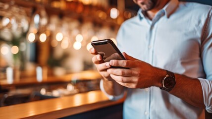 Cropped close-up image shows a man paying at a bar using a smartphone, safe e-payment, and Generative AI