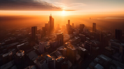 Wall Mural - A stunning sunrise over the city, with a warm glow of sunlight shining on the tall buildings and the streets below. The perfect start to a new day in the city. Generative AI