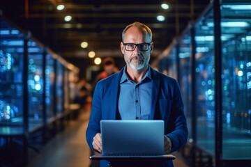 Big Data Center Chief Technology Officer Using Laptop Standing In Warehouse, Information Digitalization Lines Streaming Through Servers. SAAS, Cloud Computing, Web Service, created with Generative AI 