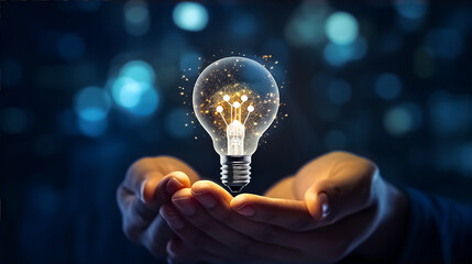 IA illustration for Creative, new ideas and innovation, Hand holding light bulb