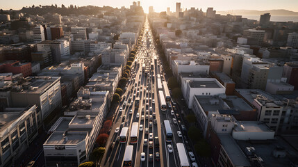 Wall Mural - A bird's eye view of a bustling city with morning commuters hurrying to their destinations, cars and buses lining the streets below, and the city skyline in the background. Generative AI