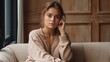 © bomoge.pl - Relaxed Woman in Neutral Loungewear Posing Against Cozy Interior. Generative AI.