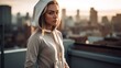 © bomoge.pl - Woman in Neutral Athleisure Posing Against Luxury Cityscape. Generative AI.