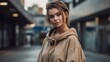 © bomoge.pl - Woman in Neutral Streetwear Posing Against Urban Landscape. Generative AI.