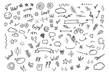 Simple Sketch Line Style  Elements. Doodle Cute Ink  Pen Line Elements Isolated On White Background. Doodle  Arrow,  Heart, Star, Sparkle Decoration  Symbol  Icon Set.  Vector Illustration.