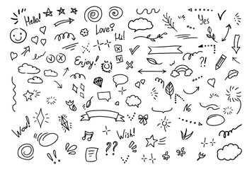 simple sketch line style elements. doodle cute ink pen line elements isolated on white background. d