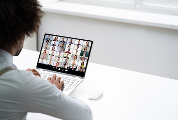 Poster - video conference business call. african man conferencing