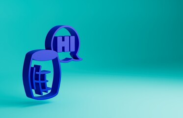 Poster - Blue Voice assistant icon isolated on blue background. Voice control user interface smart speaker. Minimalism concept. 3D render illustration