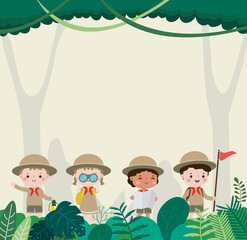 kids summer camp background education Banner Template,group of kids Scouts goes on a long walk in the forest, advertising brochure cartoon poster flyer your text ,Vector Illustration