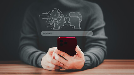 Poster - Young man using technology smart robot Ai, artificial intelligence by enter prompt for generates something that we want, Futuristic technology transformation. Ai Chatbot, Artificial Intelligence.