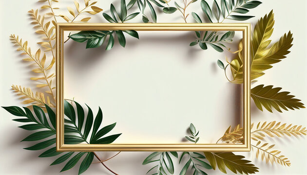 Gold frame with flowers on a board, gold frame with foliage pattern background in rectangle shape, Generative AI