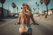 © MxCaptures - Back View of Woman Cycling in Steep Summer Outfit at Venice Beach - Generative Ai