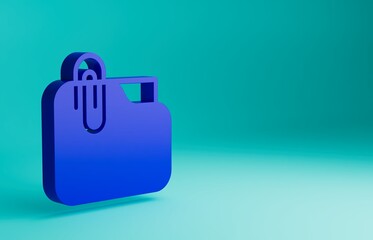 Poster - Blue Document folder with paper clip icon isolated on blue background. Accounting binder symbol. Bookkeeping management. Minimalism concept. 3D render illustration