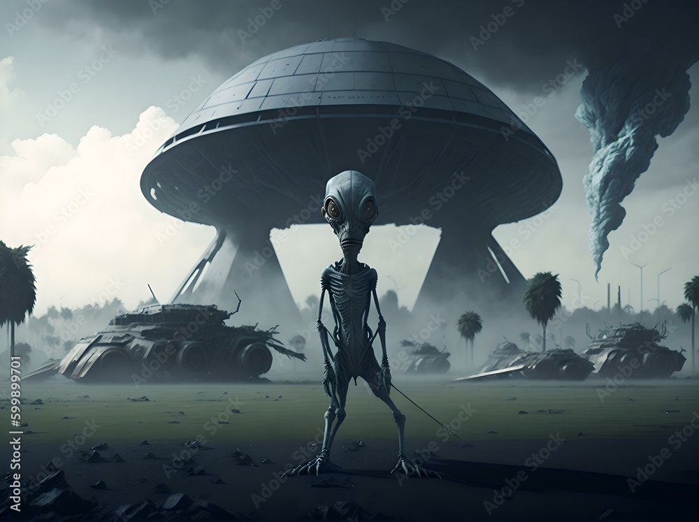 Alien invading. A hyperrealistic illustration of an alien during an invasion to earth
