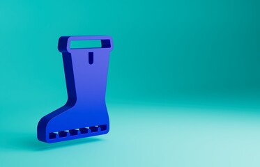 Wall Mural - Blue Waterproof rubber boot icon isolated on blue background. Gumboots for rainy weather, fishing, gardening. Minimalism concept. 3D render illustration