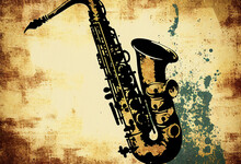 Brass Saxophone Background With An Abstract Vintage Distressed Texture Which Is A Musical Wind Instrument Used In Blues, Rock, Jazz And Classical Music, Computer Generative AI Stock Illustration Image