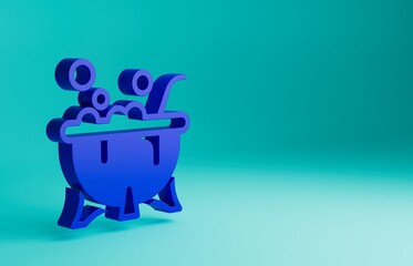 Wall Mural - Blue Halloween witch cauldron icon isolated on blue background. Happy Halloween party. Minimalism concept. 3D render illustration