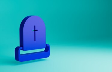 Wall Mural - Blue Tombstone with RIP written on it icon isolated on blue background. Grave icon. Happy Halloween party. Minimalism concept. 3D render illustration