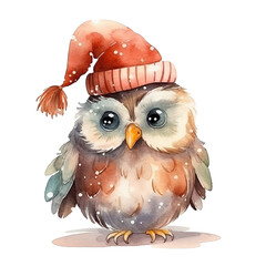 Wall Mural - Watercolor cute christmas owl in red hat isolated on white. 