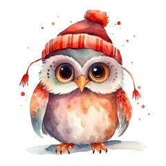 Wall Mural - Watercolor cute christmas owl in hat isolated on white background.
