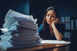 © VisualProduction - Business woman with stack of papers in the office. Overworking, stressful and busy day in the office. Generative AI