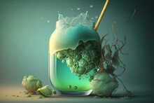 A Glass Jar With An Unusual Green Drink. Lime Wedge. Illustration For Photo Wallpapers In The Bar, In The Kitchen. Herbal Cocktail. Generative AI