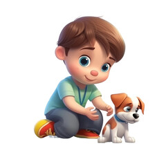 Wall Mural - Cute cartoon style baby boy play with dog. Transparent isolated background. AI generated