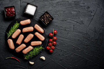 Wall Mural - raw sausages on a stone background  with copy space for your text