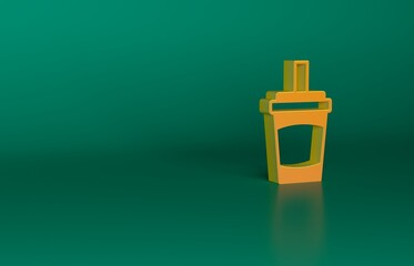 Poster - Orange Paper glass with drinking straw and water icon isolated on green background. Soda drink glass. Fresh cold beverage symbol. Minimalism concept. 3D render illustration