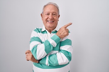 Poster - Senior man with grey hair standing over white background cheerful with a smile on face pointing with hand and finger up to the side with happy and natural expression