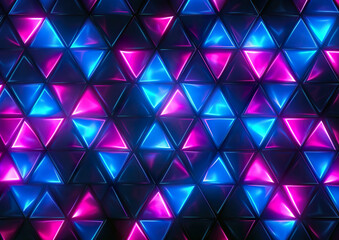 Wall Mural - Futuristic abstract blue and purple neon triangle light shapes on dark background. Laser show night club interior lighting, glowing line background or wallpaper. AI generated illustration.