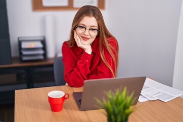 Sticker - Young redhead woman business worker using laptop working at office