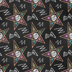 Seamless Grunge Pattern of Chalk Drawn Sketches Colorful Stars and Scrawls on Chalkboard Backdrop.