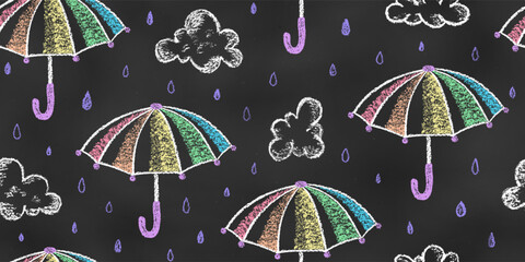Seamless Pattern of Chalk Drawn Sketches Rainbow Umbrellas and Clouds on Dark Blackboard.