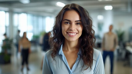 A confident brunette businesswoman stands tall in her office, radiating an air of professionalism and determination.. Generative AI.