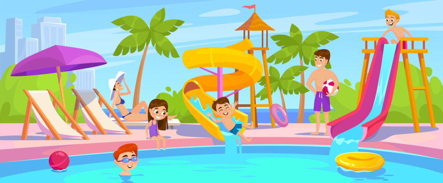 Wall Mural - Cartoon style vector illustration of an aqua park with an outdoor swimming pool, water slides and happy children. Cute boys and girls enjoying a fun summer vacation with family in a waterpark.