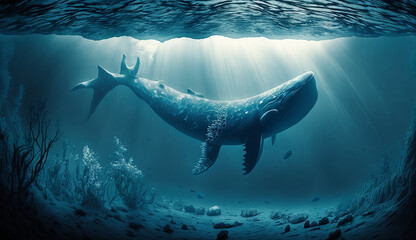 Wall Mural - whale in the ocean, underwater side view