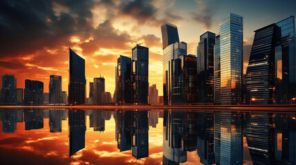Wall Mural - modern office buildings at sunset, cityscape view