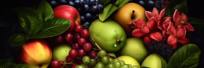 Wall Mural - Tropical rainforest style strawberries grapes apples Generative AI