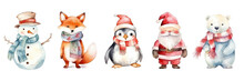 Set Of Watercolor Characters Isolated On White Background. Polar Bear, Fox, Penguin, Snowman And Santa Claus. 
