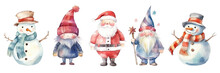 Set Of Watercolor Cute Characters Isolated On White. Snowmen, Scandinavian Gnomes And Santa Claus. 