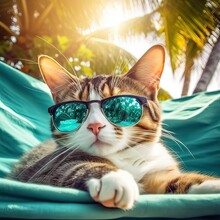 Cute Cat Lying In Hammock On Beach With Palm Trees. Cute Cat On Vacation Lying In Hammock On Beach With Palm Trees. Generative Ai.