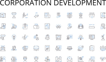  Corporation development line icons collection. Employment, Career, Occupation, Labor, Income, Professionalism, Responsibility vector and linear illustration. Vocation,Ambition,Commute outline signs