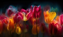  A Group Of Colorful Tulips With A Black Background.  Generative Ai